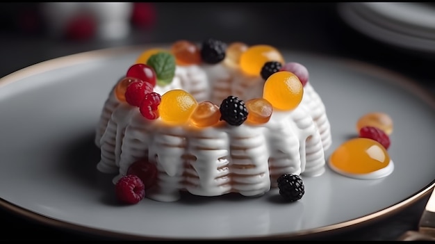 Een cake met fruit erop en een bord met een zwart-witte achtergrond.