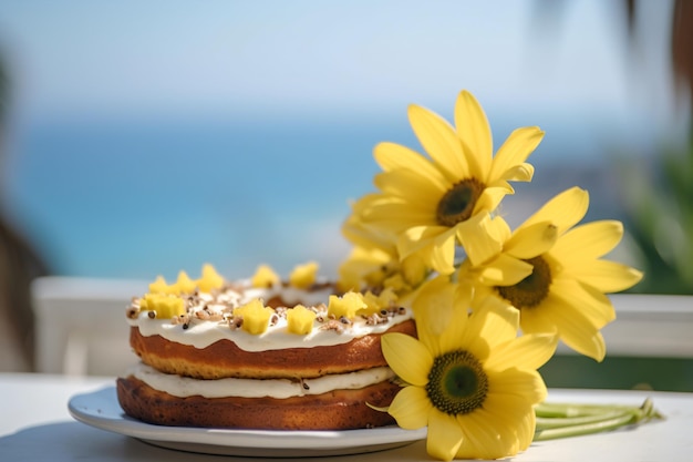 Een cake met gele bloemen op een bord