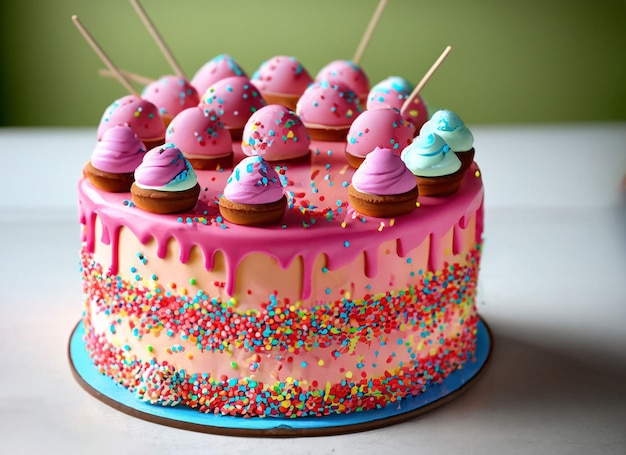 Een cake met roze glazuur en kleurrijke hagelslag erop