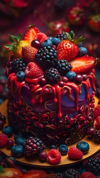 Een cake met veel fruit erop