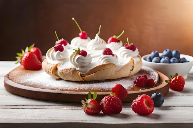 Een cake met verse bessen en een bakje frambozen