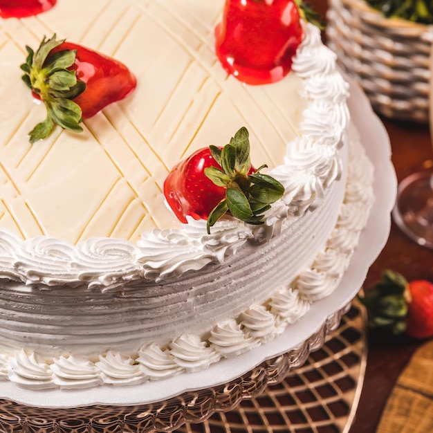 Een cake met witte frosting en aardbeien erop.