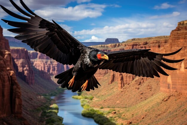 Foto een californische condor vliegt tegen de achtergrond van de schilderachtige ruige kliffen van de grand canyon