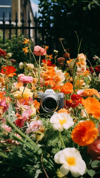 een camera die in een bloembed ligt met bloemen op de achtergrond