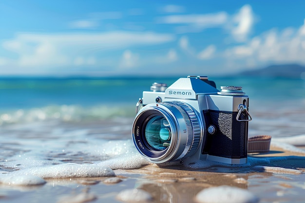 Een camera die op het strand zit met een blauwe hemel op de achtergrond en water eromheen met een golf