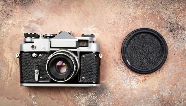 Een camera en een lensdop staan op een bruine ondergrond.
