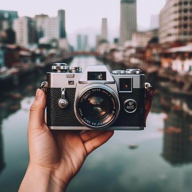 Een camera in een hand wordt omhoog gehouden om de cameralens te laten zien.