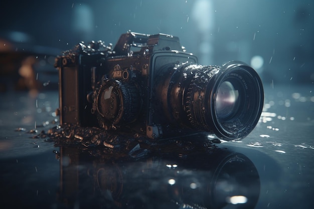 Een camera met een lens erop staat op een natte ondergrond.