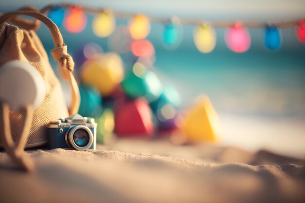 Foto een camera zit op een strand met kleurrijke kerstverlichting op de achtergrond.