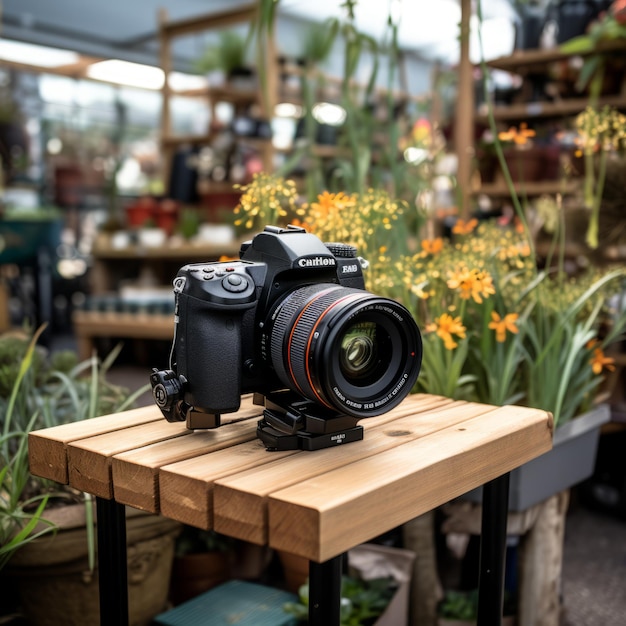 Een Camera Zittend Op Een Houten Tafel