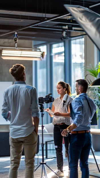 Foto een cameraman die een video opneemt met een camera erop