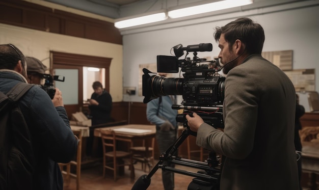 Een cameraman filmt een scène in een kamer met een camera en een man in een blauwe jas.