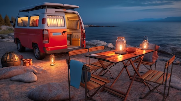 Een camper geparkeerd naast de oceaan 's nachts AI generatief beeld