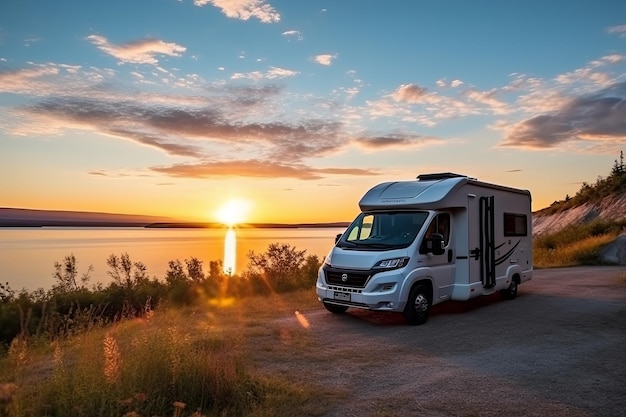 Een camper geparkeerd op een grindweg met de zonsondergang op de achtergrond.