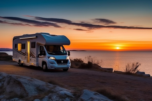 Een camper geparkeerd op een weg met de zonsondergang erachter.