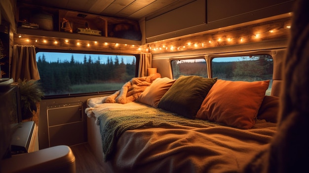 Een camper met een bed en een dekentje erop