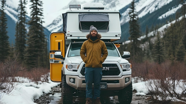 Een camper op een vrachtwagen in een besneeuwd landschap