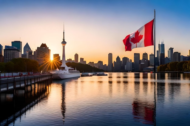 Foto een canadese vlag wappert voor de skyline van een stad.