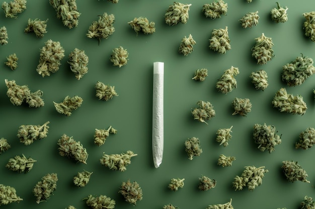 Een cannabis gerolde joint omringd door cannabisknoppen boven het hoofd plat gelegd studio opname