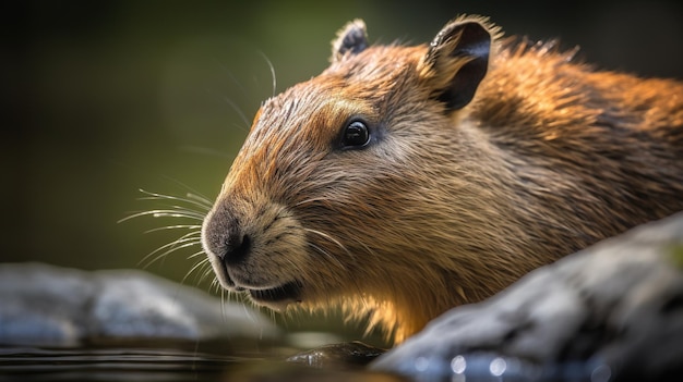 Een capibara is drinkwater uit een vijver.