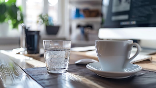 Een cappuccino koffie en water op een boho stijl kantoor tafel