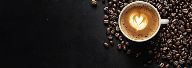 Een cappuccino zit elegant op een stapel rijke koffiebonen