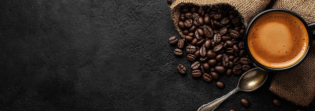 Een cappuccino zit elegant op een stapel rijke koffiebonen