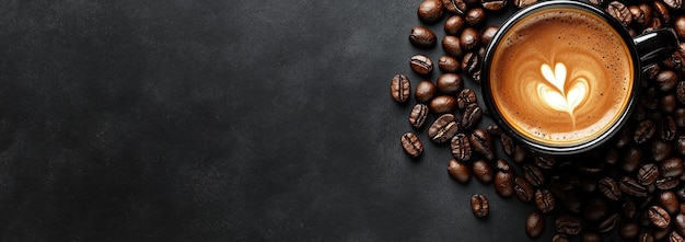 Een cappuccino zit elegant op een stapel rijke koffiebonen