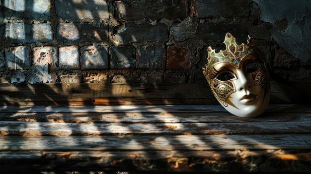 Een carnavalmasker ligt op een oude houten tafel tegen de achtergrond van een bakstenen muur.