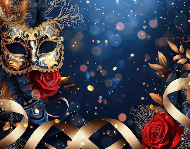 een carnavalmasker met een gouden lint en rode rozen