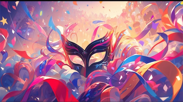een carnavalmasker met veren en confetti