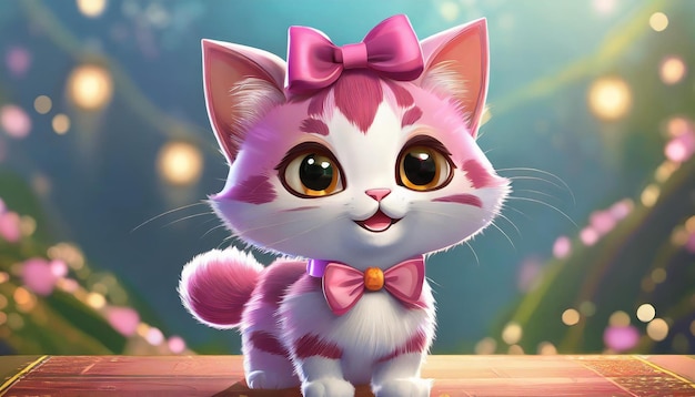 Een cartoon 3D personage van een roze en witte kitten met een strik op haar hoofd