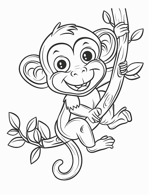 Foto een cartoon aap zit op een tak met bladeren generatieve ai
