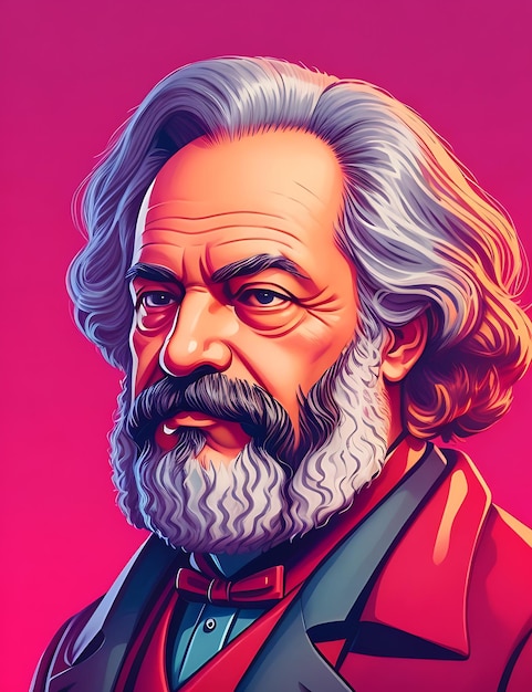 Een cartoon-achtige illustratie van Karl Marx met een focus op zijn revolutionaire ideeën