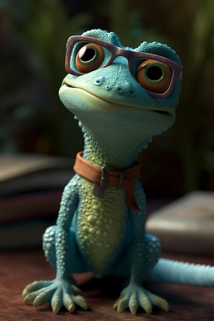 Een cartoon afbeelding van een gekko met een bril en een rood lint.