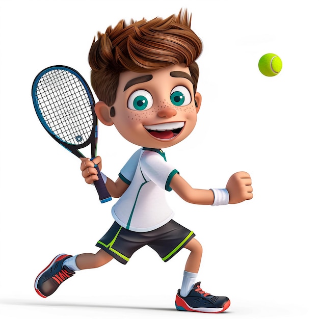 een cartoon afbeelding van een jongen die tennis speelt met een tennisracket