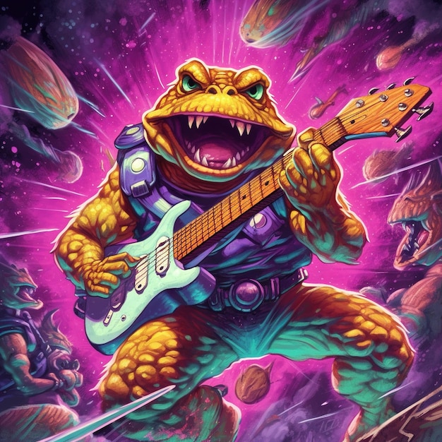 Een cartoon afbeelding van een kikker die gitaar speelt