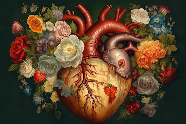een cartoon afbeelding van een menselijk hart omringd door een boeket bloemen