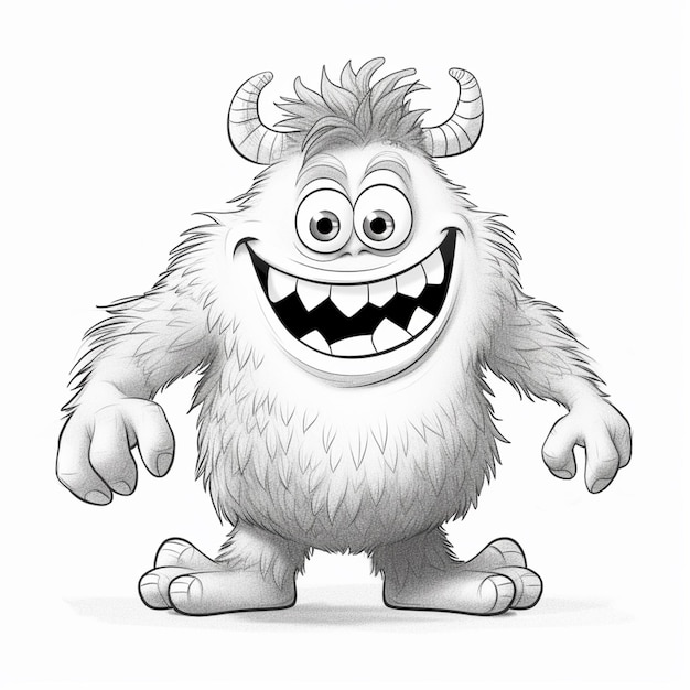 een cartoon afbeelding van een wit harig monster met horens en een grote glimlach generatieve ai