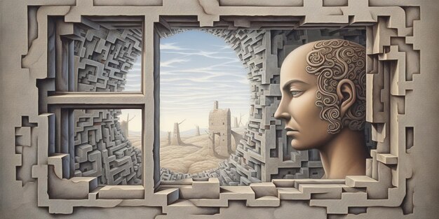 een cartoon afbeelding van het hoofd van een man die uit de grenzen van een labyrint komt