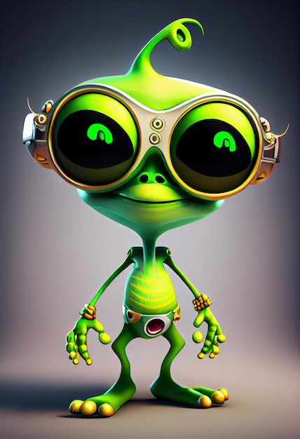 Een cartoon alien met een bril en een groene alien op zijn hoofd.