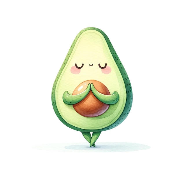 Een cartoon avocado houdt zijn armen omhoog in een yoga houding