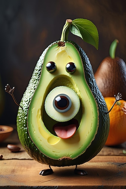 een cartoon avocado met een grote glimlach