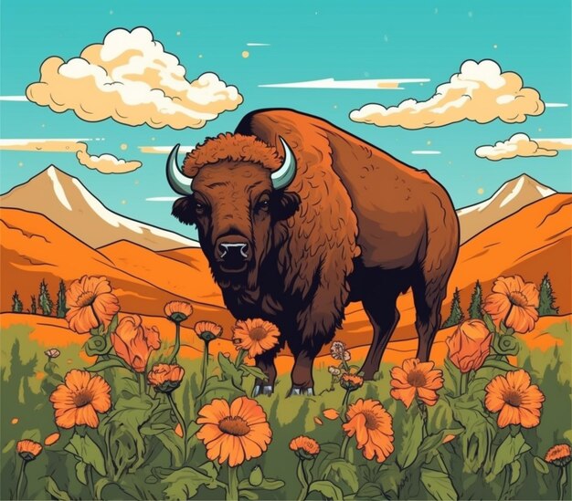 Foto een cartoon bison die in een veld van bloemen staat met bergen op de achtergrond generatieve ai