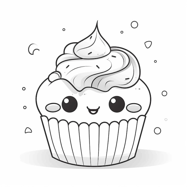 Een cartoon cupcake met een witte glazuur en een smiley generatieve ai