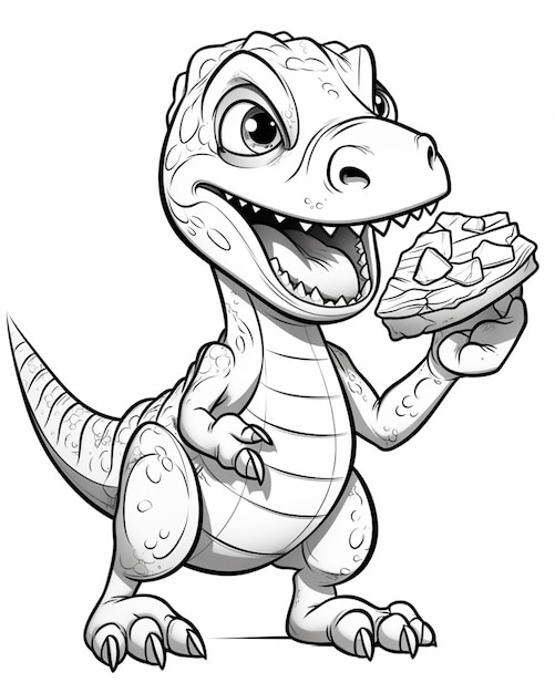 een cartoon dinosaurus die een stuk pizza eet met zijn mond open generatieve ai