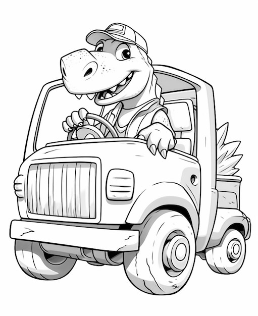Foto een cartoon dinosaurus die een vrachtwagen rijdt met een chauffeur generatieve ai