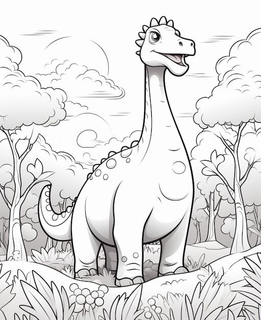 Foto een cartoon dinosaurus die in een veld staat met bomen en struiken generatieve ai