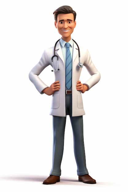 Een cartoon dokter met een stethoscoop om zijn nek glimlacht