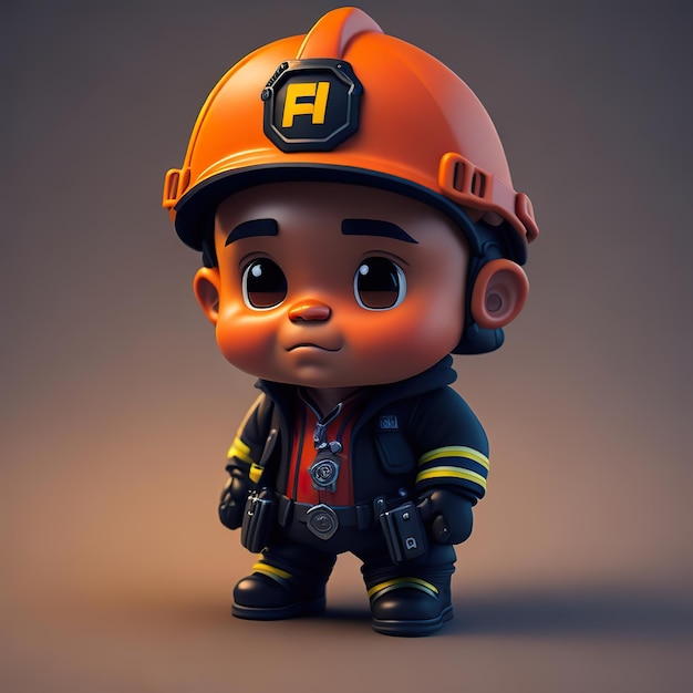 Een cartoon figuur van een chibi kleine jongen die een harde hoed brandweerman draagt